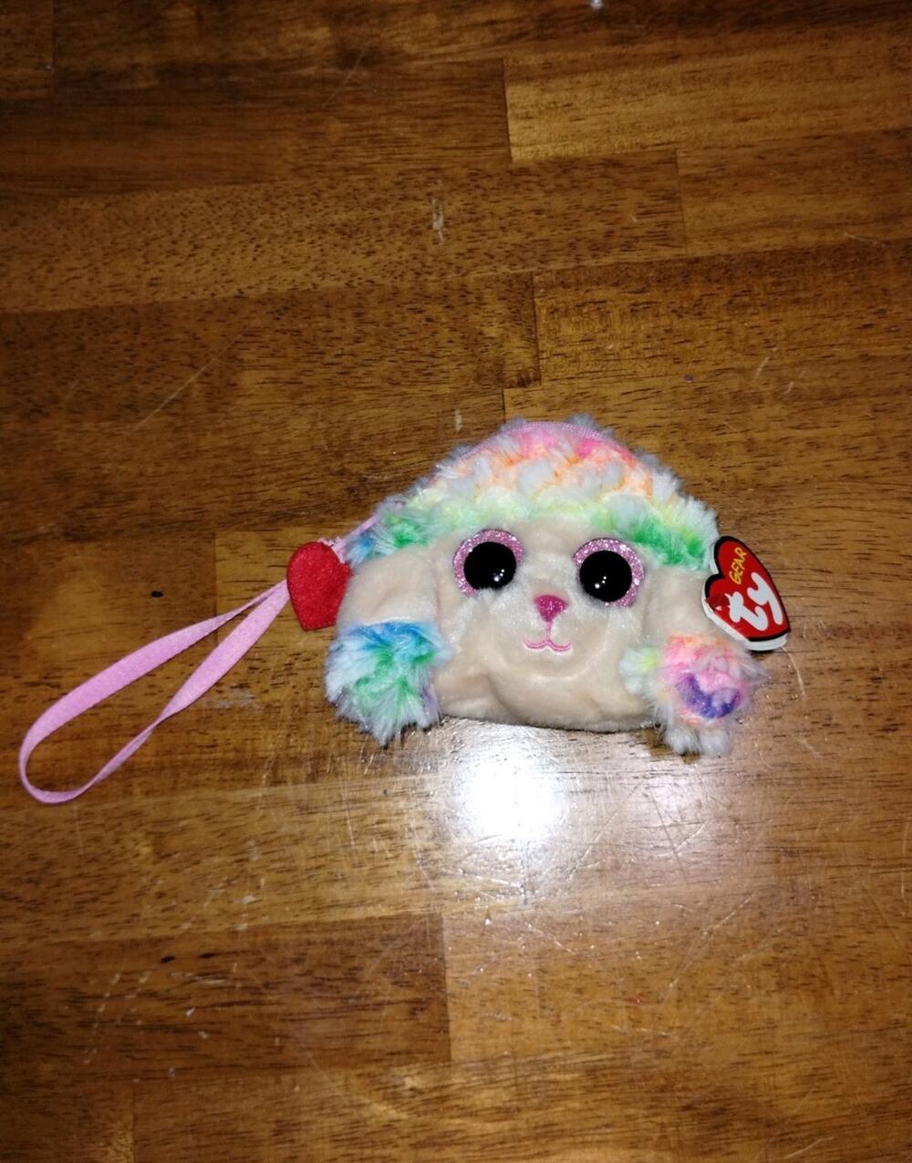 Ty Beanie Boos Rainbow Poodle Plush Wristlet Bag Multi Color 4" Fuzzy